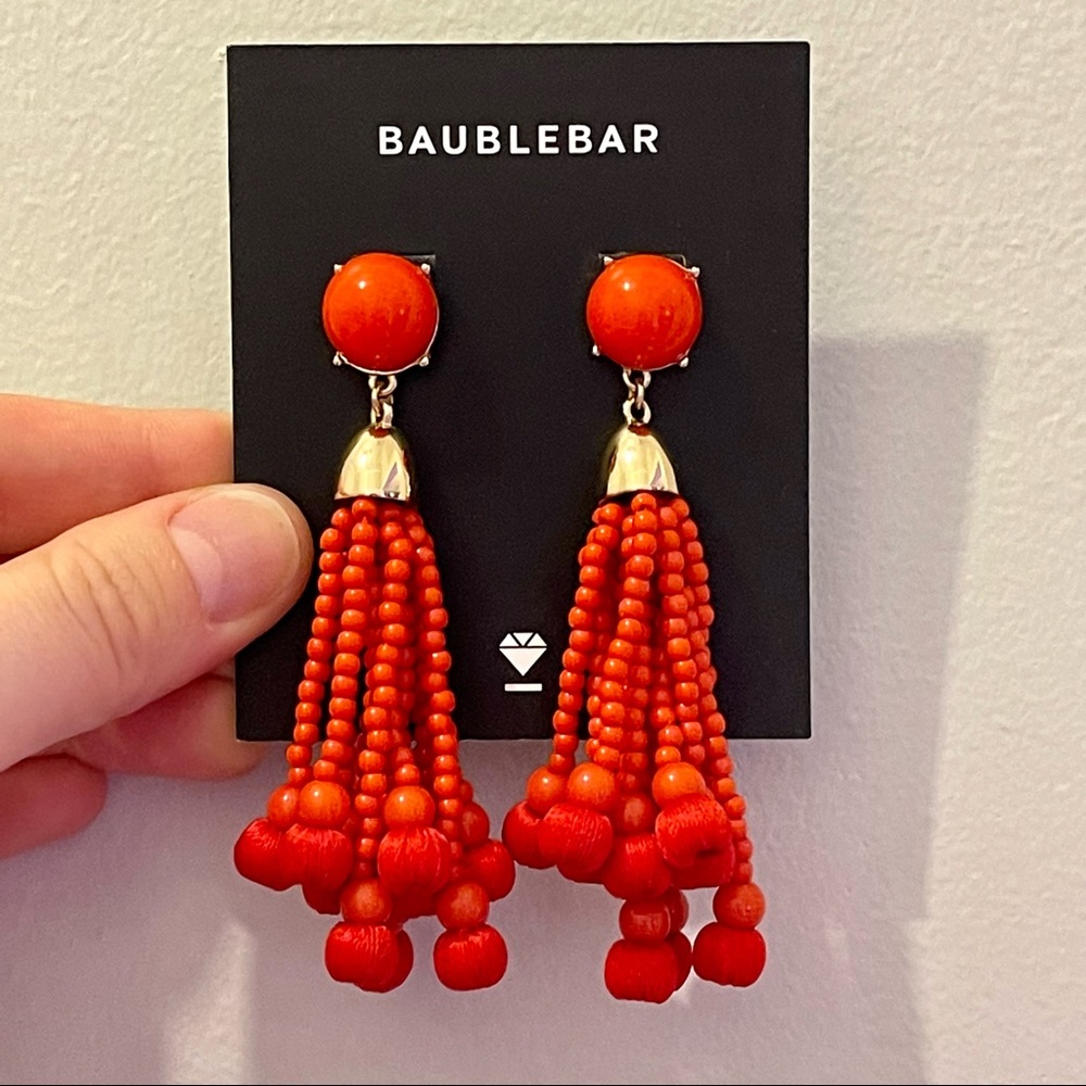 Red beaded BaubleBar dangly earrings